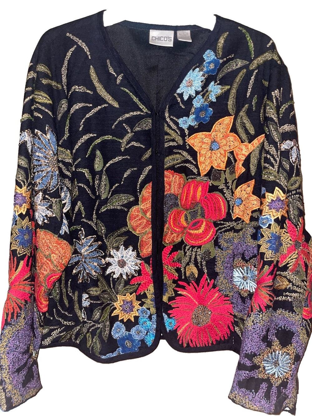 Vintage 90s Y2K Chicos Floral Embroidered Beaded Cropped Black Jacket Size L 12